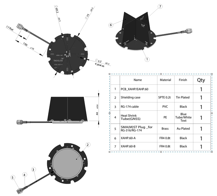Mechanical Drawing - Taoglas EAHP.60 Multi-Band GNSS Antenna